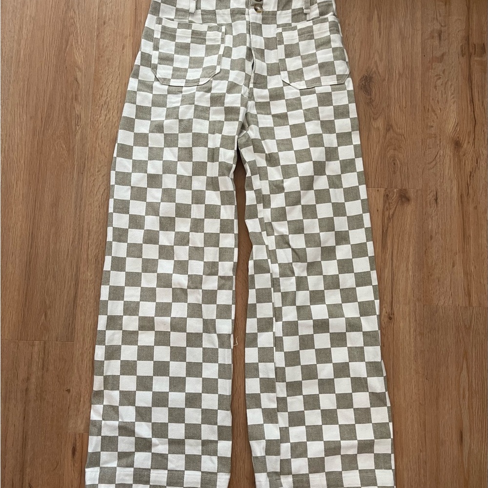 Papermoon Checkered Flare Jeans in White and tan/green